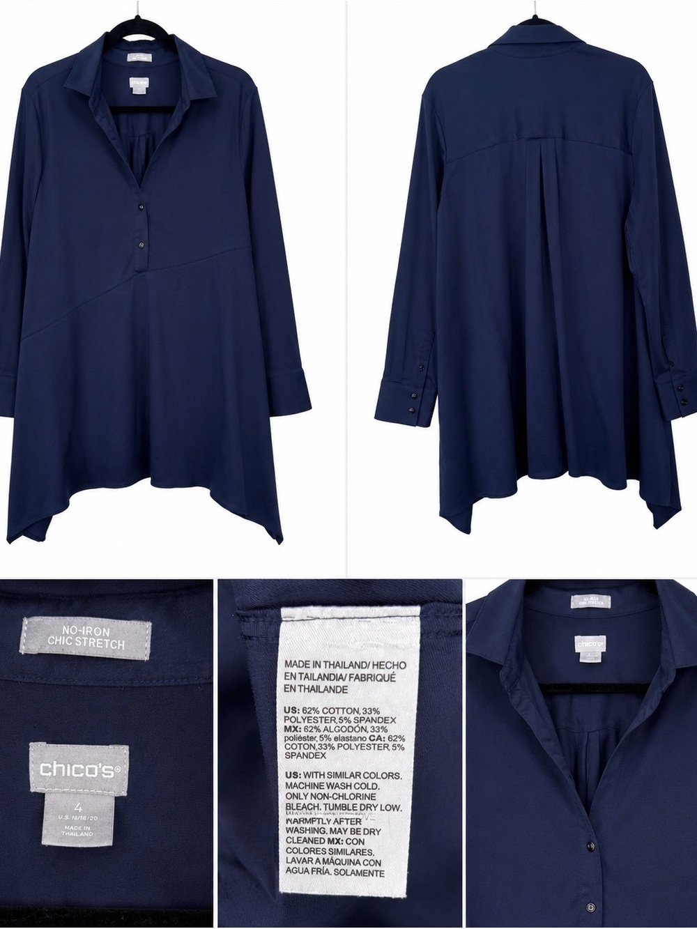 Chico’s No-Iron Chic Stretch Tunic Shirt Navy Blue Size 4 XL